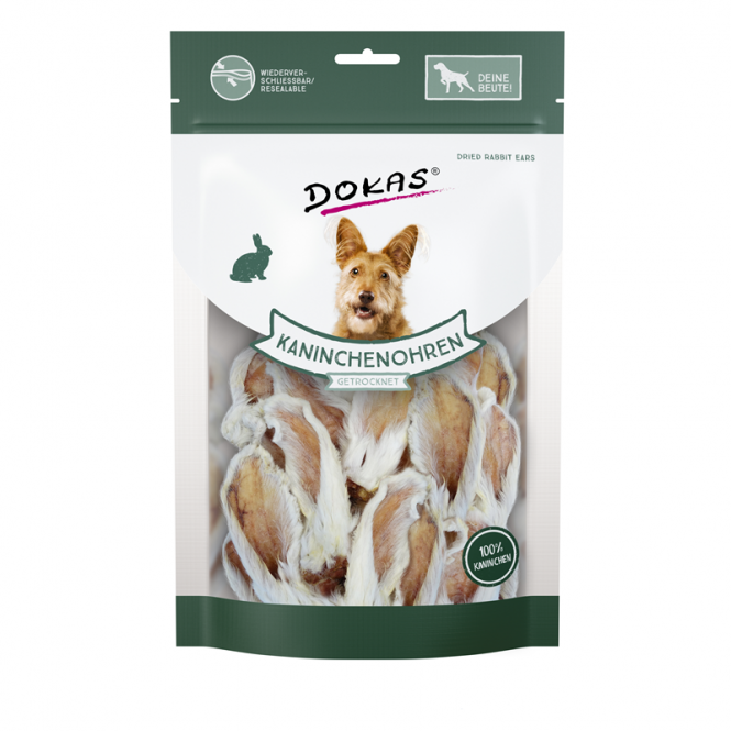 Dokas Dog Snack Kaninchenohren mit Fell getrocknet 100 g - Dokas